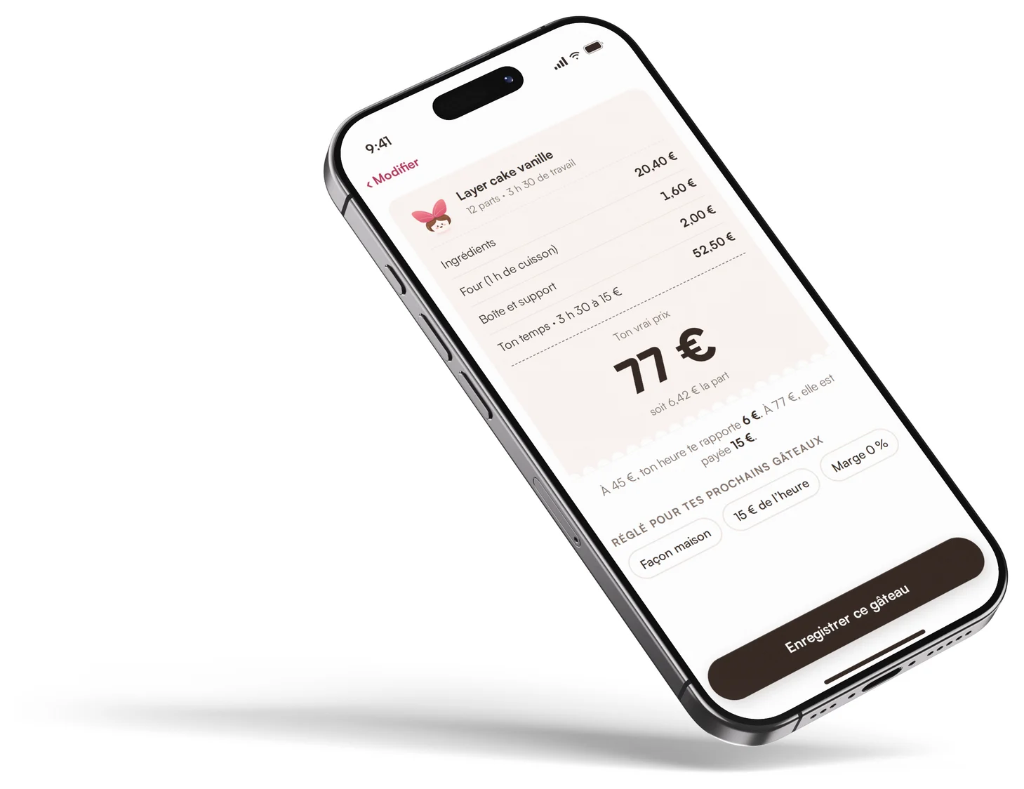L'écran « Ton vrai prix » de Papillote sur un iPhone : un layer cake vanille de 12 parts revient à 77 €